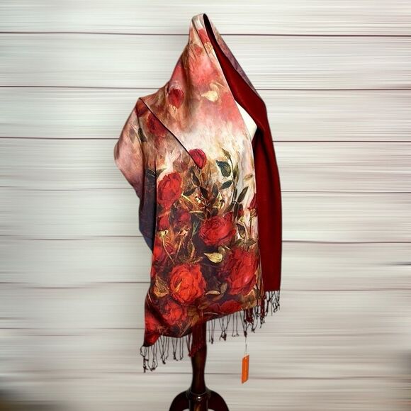 NWT ACACIA LEAVES Silk Evening Wrap Shawl Scarf Roses Maroon Brushed Silk Lining - Picture 1 of 11